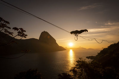 Beautiful sunrise view of man walking on highline with sugar loaf