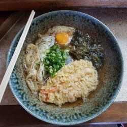 High angle view of soup in bowl on table