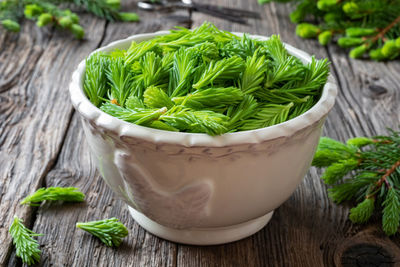 Close-up of fresh green leaves in bowl on table