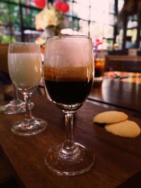 Close-up of beer in glass on table