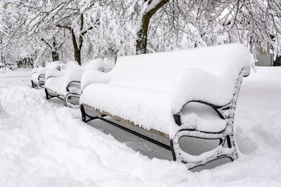 Snow covered benches in park