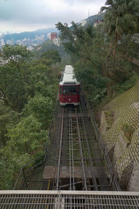 High angle view of railroad tracks amidst buildings and trees
