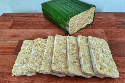 High angle view of leaf on cutting board