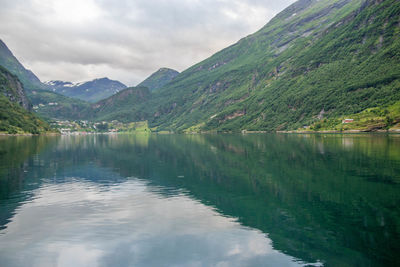 Scenic view of lake and mountains against sky
