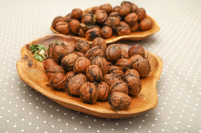 High angle view of bread in plate on table