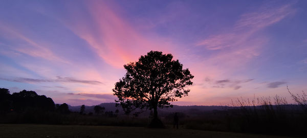 Silhouette trees on field against romantic sky at sunset