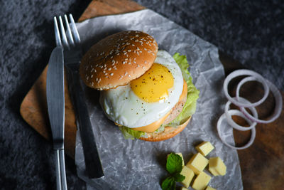 High angle view of breakfast on table