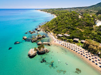 High angle view of sea shore against sky