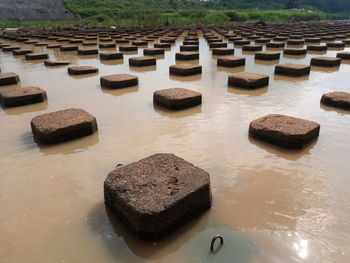 High angle view of stones in water