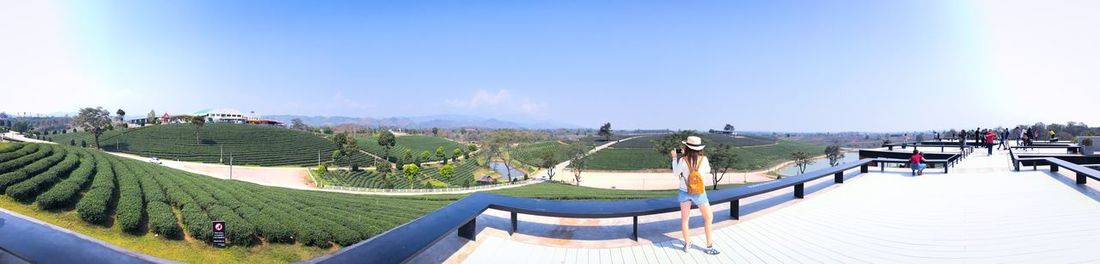 Panoramic view of buildings against clear sky