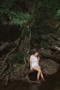 Portrait of young woman sitting on tree trunk in forest