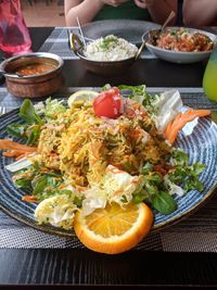 High angle view of food served on table