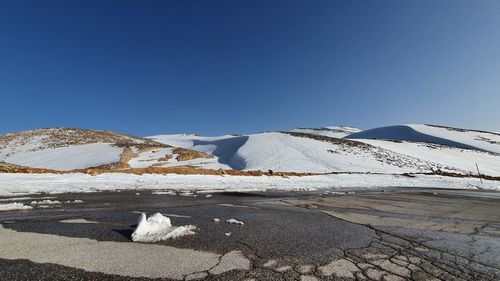 Scenic view of snow covered mountain against clear sky