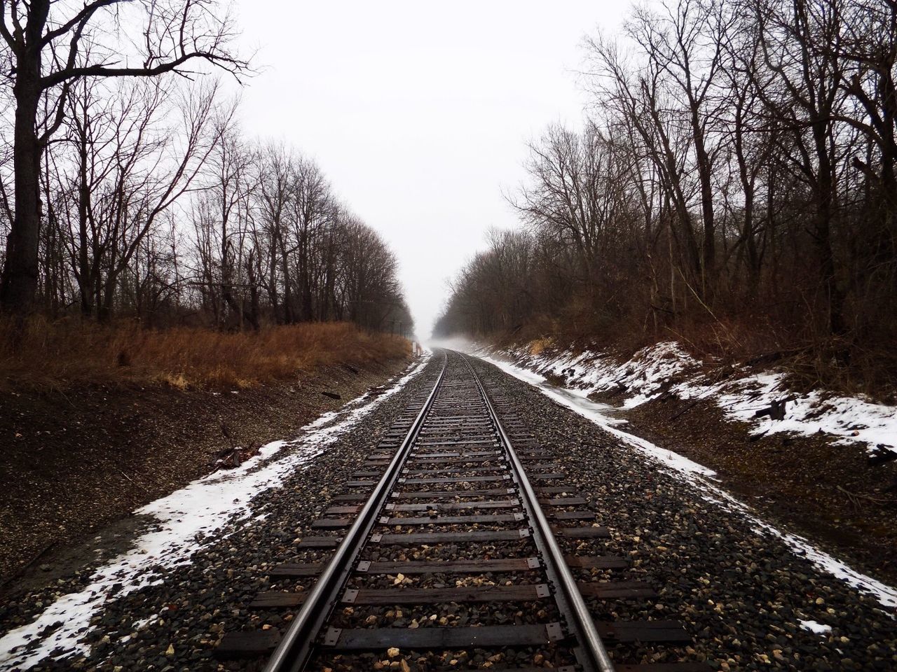 bare tree, track, direction, the way forward, rail transportation, tree, railroad track, transportation, diminishing perspective, sky, no people, vanishing point, clear sky, cold temperature, snow, plant, nature, winter, day, outdoors, straight, long, parallel