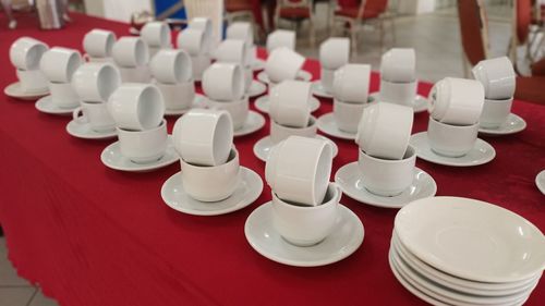High angle view of tea cups on table