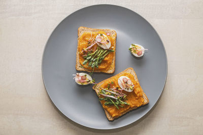 Directly above shot of food in plate on table