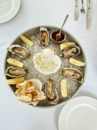 High angle view of food in plate on table