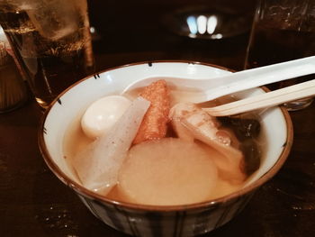 Close-up of soup in bowl on table