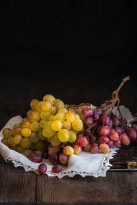 Close-up of fruits on table against black background