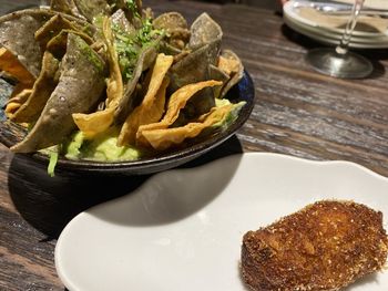 High angle view of dessert in plate on table