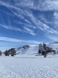 Scenic view of snow covered landscape against blue sky