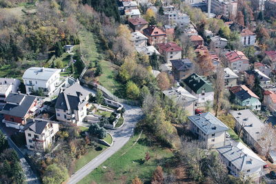 High angle view of houses in town