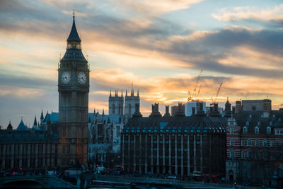 View of buildings in city during sunset