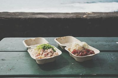 High angle view of food in container on table