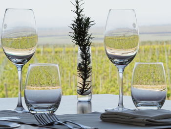 Close-up of wine glasses on table