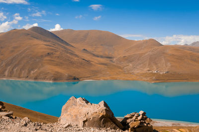 Yamdrok lake, one of the three largest sacred lakes in tibet