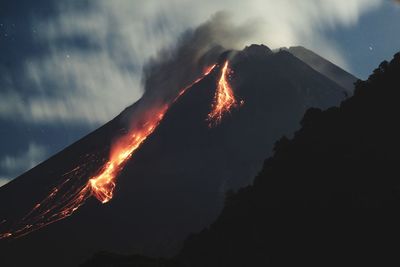 Eruption in midnight , merapi volcano , yogyakarta