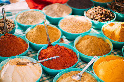 High angle view of spices for sale in market