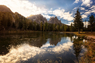 Scenic view of lake and mountains against sky