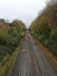 High angle view of railroad tracks amidst trees against sky