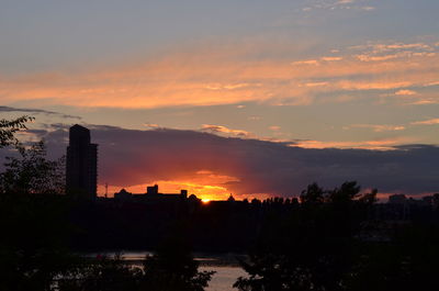 Silhouette buildings and trees against sky during sunset