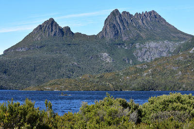 Scenic view of lake and mountains against sky