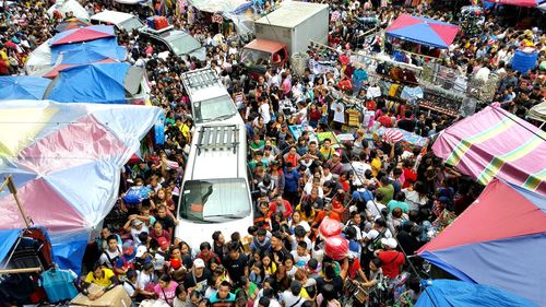 High angle view of crowd in city