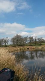 Scenic view of lake against cloudy sky