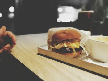 Close-up of burger on table