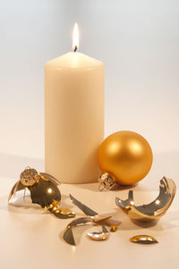 Close-up of candles on table