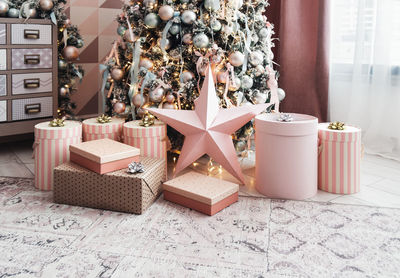 Christmas decorations on table at home