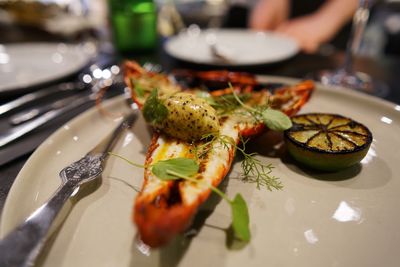 Close-up of food served on table at restaurant