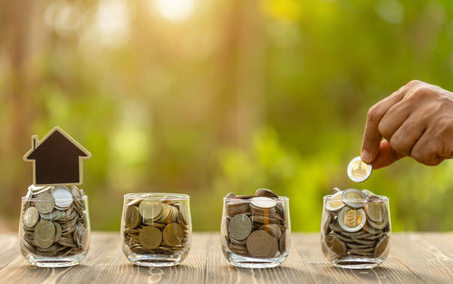 Close-up of coins on table