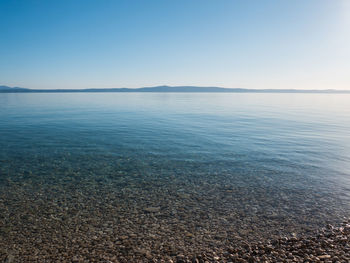 Scenic view of sea against clear blue sky