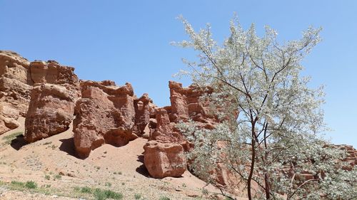 Low angle view of rock formation against clear sky