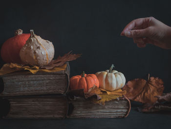 Close-up of pumpkin on wooden table