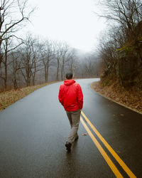 Rear view of girl walking on road in city