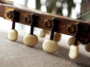 Close-up of musical equipment on table