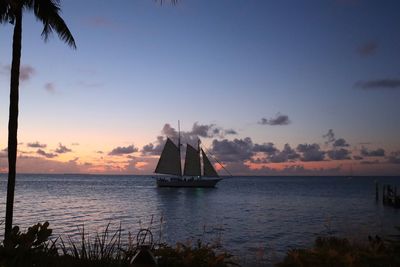 Sailboat sailing in sea against sunset sky