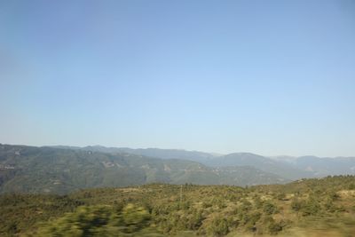 Scenic view of field against clear blue sky